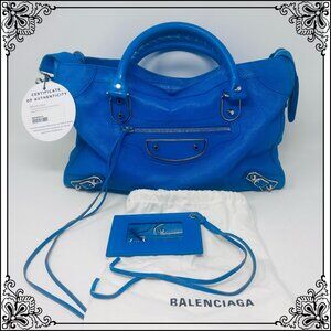 BALENCIAGA Chevre Silver Metallic Hardware Le City Medium Bag in Electric Blue